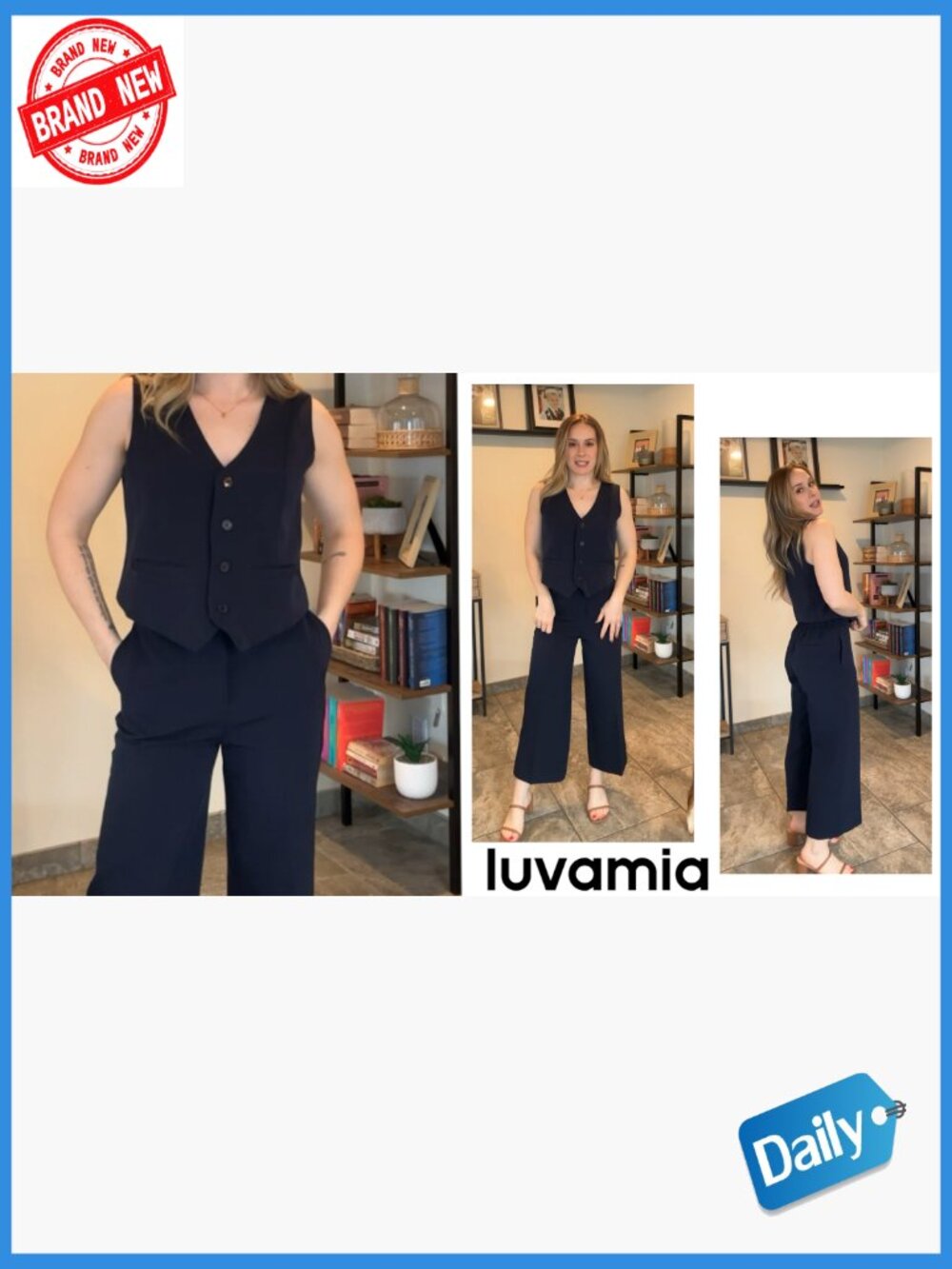 Women's 2 Piece Sleeveless Vest & Wide Leg Capri Pant Suit Set Dressy Casual - Picture 7 of 7